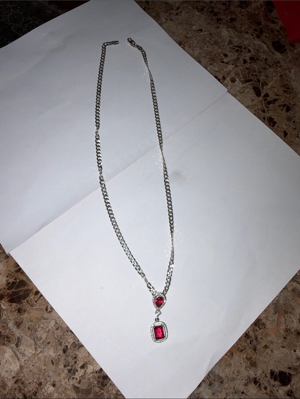 Custom-made Necklace with Pink/Res Gemstone Drop Pendant. From Italy.